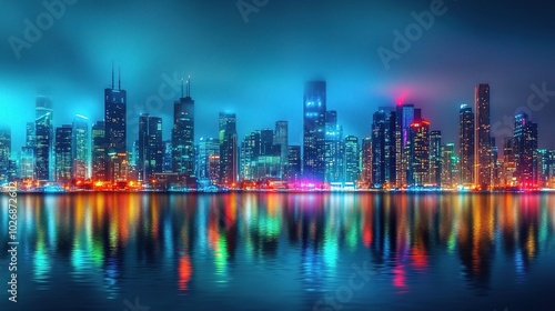 Vibrant Cityscape at Night with Reflections