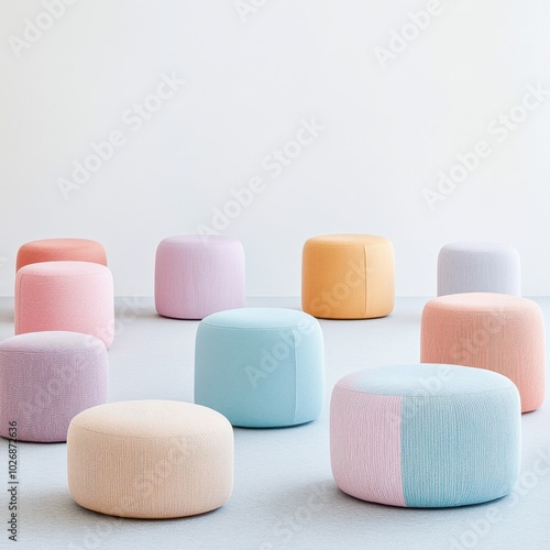 Colorful poufs arranged creatively in a modern interior setting, adding playful and vibrant decor to the space.