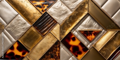 Abstract geometric pattern of gold, silver, and tortoiseshell tiles.