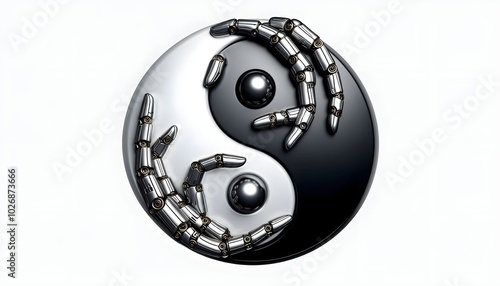 Metallic 3D image of the yin yan symbol consists of 2 hands that have different styles: in white insert a drawn hand that tries to grab the adjacent point that becomes a metal sphere, in black it inco photo