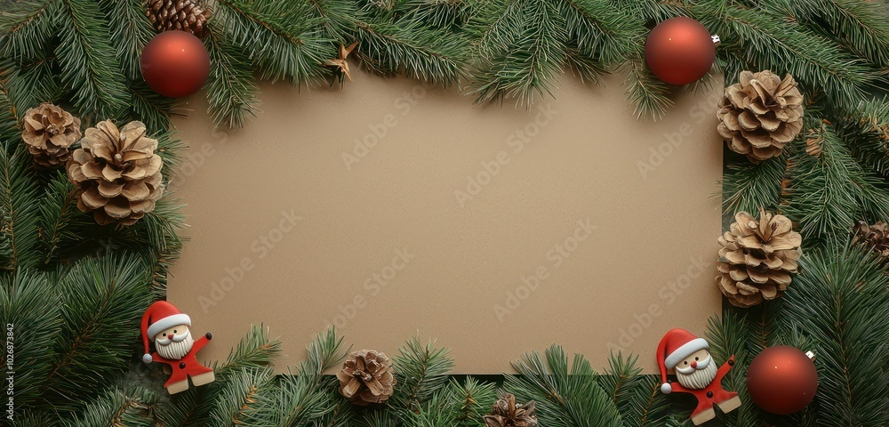 Mockup of a holiday banner with simple pine and wooden Santa decorations, eco-friendly. Mockup of a holiday banner with simple pine and wooden Santa decorations, eco-friendly.