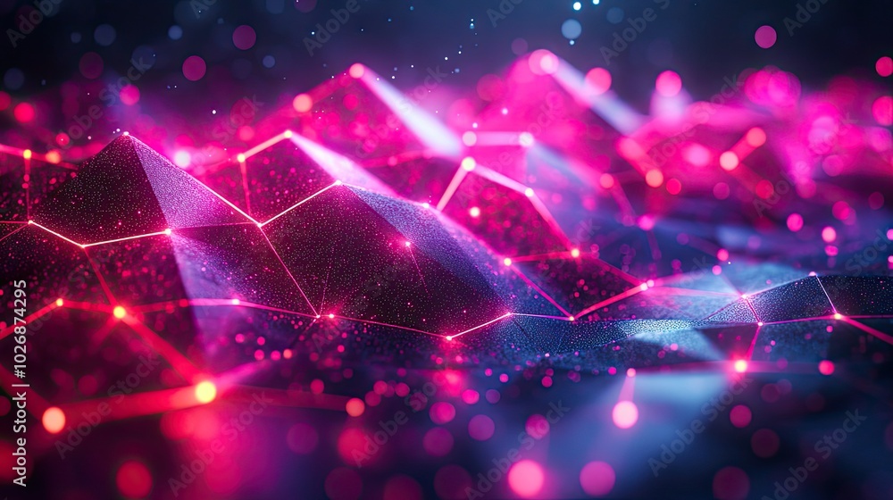 Illuminated polygonal backdrop creates a vibrant, high-tech visual effect, perfect for digital and futuristic themes.