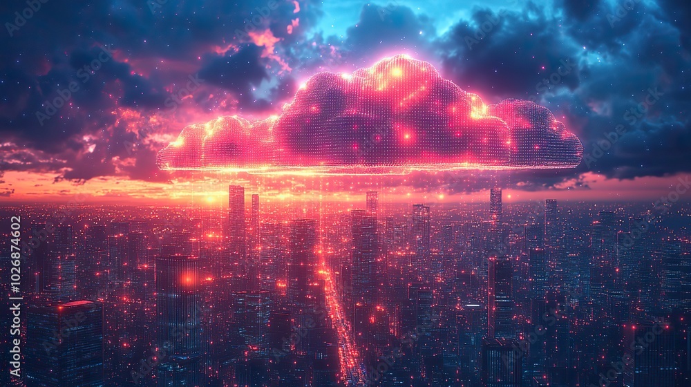 Obraz premium Illustration of network technology integrating cityscape, IoT, and cloud computing, reflecting modern urban connectivity.