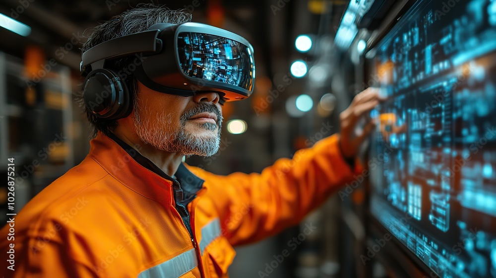 In a manufacturing factory, an engineer uses a virtual reality headset to interact with data and holographic animations. In a manufacturing factory, an engineer uses a virtual reality headset to interact with data and holographic animations.