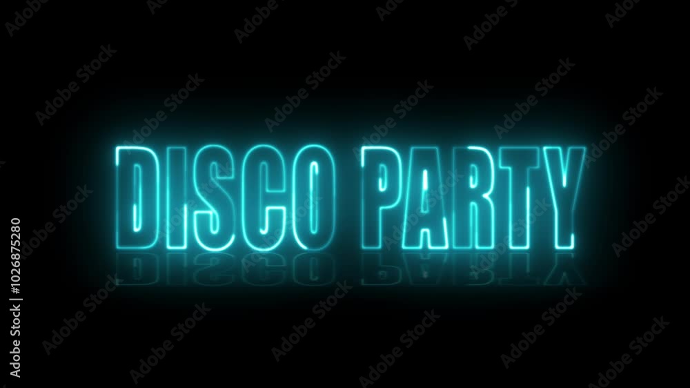 Disco Party neon sign. Disco Party text font with neon light. Luminous and shimmering haze inside the letters of the text Disco Party. Disco Party neon sign. Disco Party text font with neon light. Luminous and shimmering haze inside the letters of the text Disco Party.