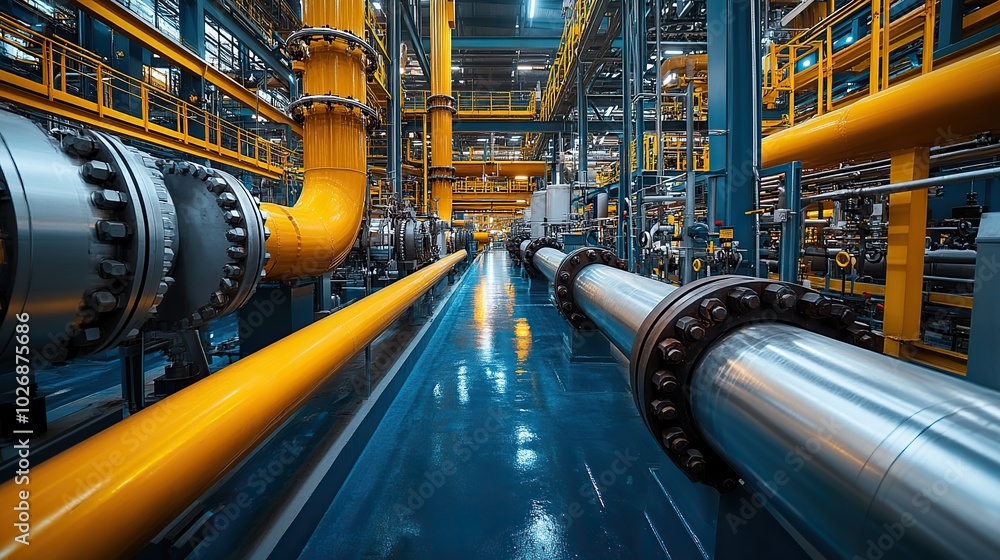 Industrial zone featuring steel pipelines, valves, and ladders, representing the essential components of modern manufacturing facilities. Industrial zone featuring steel pipelines, valves, and ladders, representing the essential components of modern manufacturing facilities.