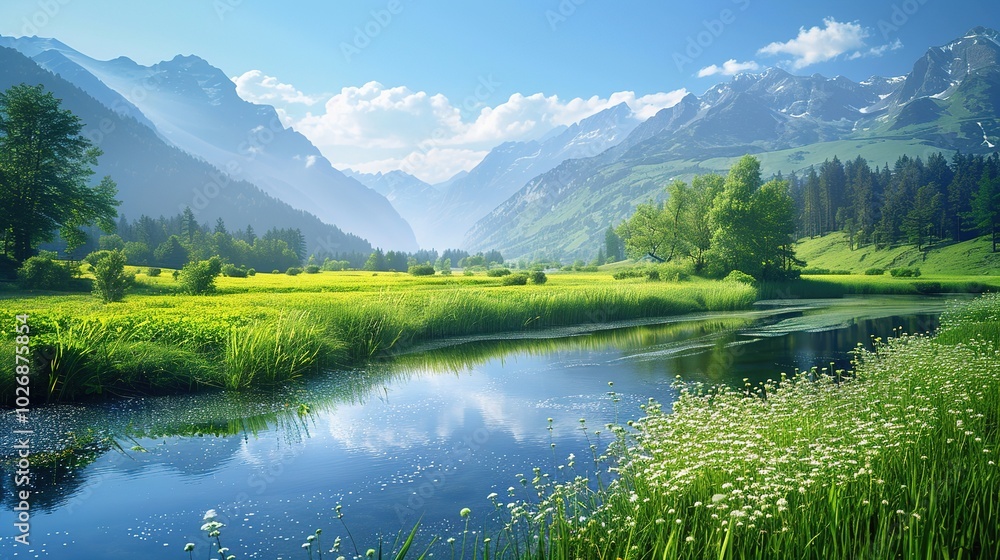 Fototapeta premium Beautiful and Fresh Landscape Background Picture - a captivating and serene visual. The beautiful and fresh landscape creates an enchanting and peaceful scene.