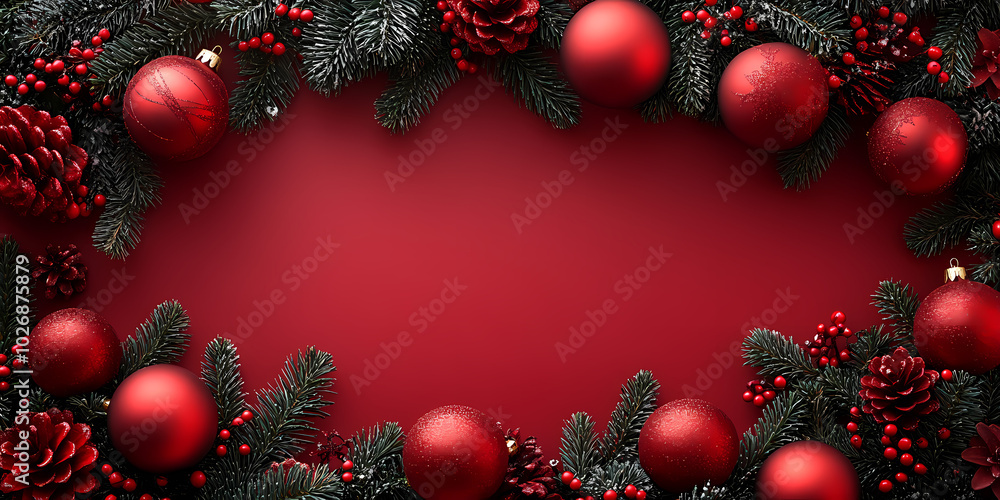Festive Christmas Frame with Red Baubles, Pine Branches, and Berries Festive Christmas Frame with Red Baubles, Pine Branches, and Berries