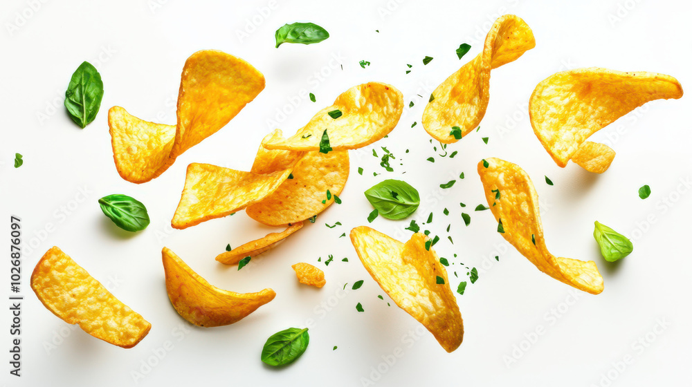 Delicious potato chips are lying on the table, strewn with fragrant fresh herbs. A pile of potato chips sprinkled with basil leaves. Chips fly through the air Delicious potato chips are lying on the table, strewn with fragrant fresh herbs. A pile of potato chips sprinkled with basil leaves. Chips fly through the air