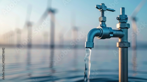 Water flows from metallic tap into serene body of water, with wind turbines visible in background, symbolizing renewable energy and sustainability