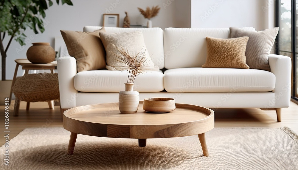 Round wood coffee table against white sofa. Scandinavian home interior design of modern living room. Round wood coffee table against white sofa. Scandinavian home interior design of modern living room.