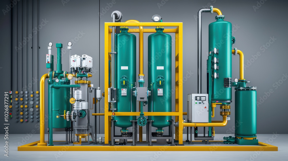 Fototapeta premium green hydrogen production plant featuring large cylindrical tanks and various industrial equipment. setup emphasizes modern technology and efficiency in energy production