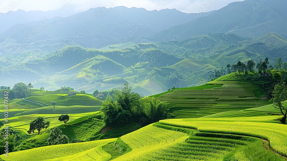 Fototapeta premium Beautiful and Fresh Landscape Background Picture - a captivating and serene visual. The beautiful and fresh landscape creates an enchanting and peaceful scene.