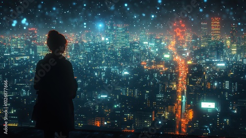 Wallpaper Mural Night city panorama enhanced with network holograms, illustrating the fusion of urban landscapes and digital connectivity. Torontodigital.ca