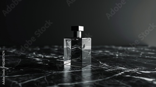 men's perfume bottle with a clean and austere design on a plain, matte black background. Mockup for design photo