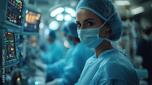 Nurse operating advanced technology in a surgical room, emphasizing the role of tech in modern medical procedures.