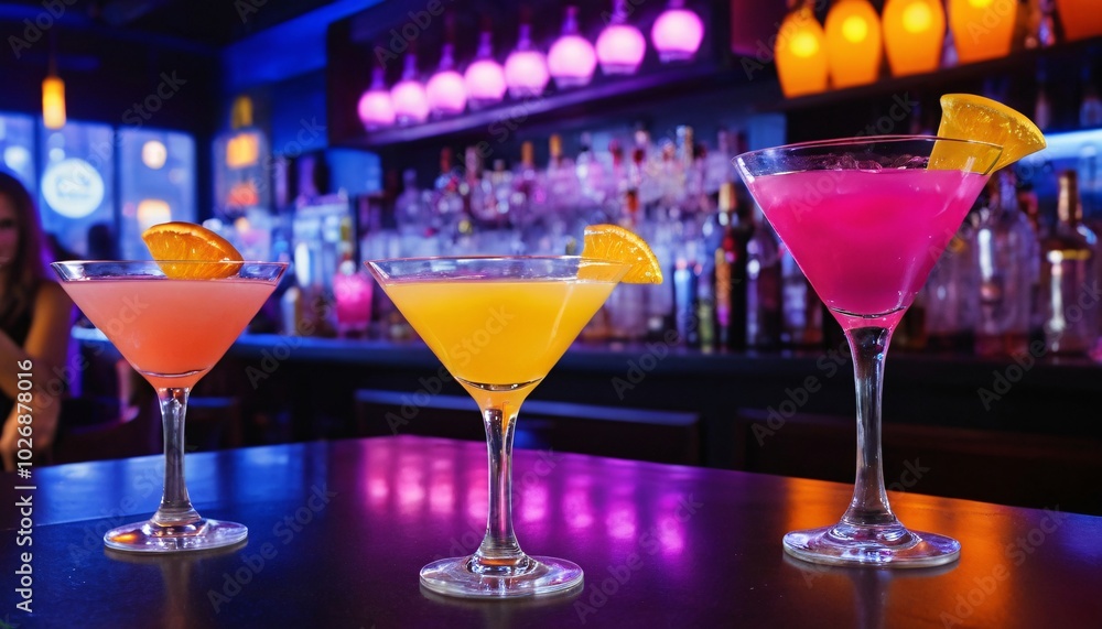 Three colorful cocktails on a bar counter. A perfect drink for happy hour or a night out with friends. Three colorful cocktails on a bar counter. A perfect drink for happy hour or a night out with friends.