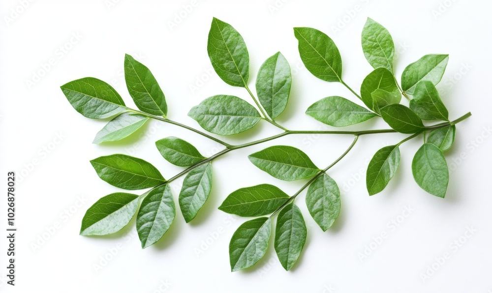 Fototapeta premium A close-up of green leaves on a white background, with a soft shadow effect