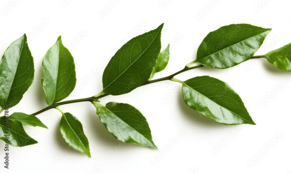 A close-up of green leaves on a white background, with a soft shadow effect A close-up of green leaves on a white background, with a soft shadow effect