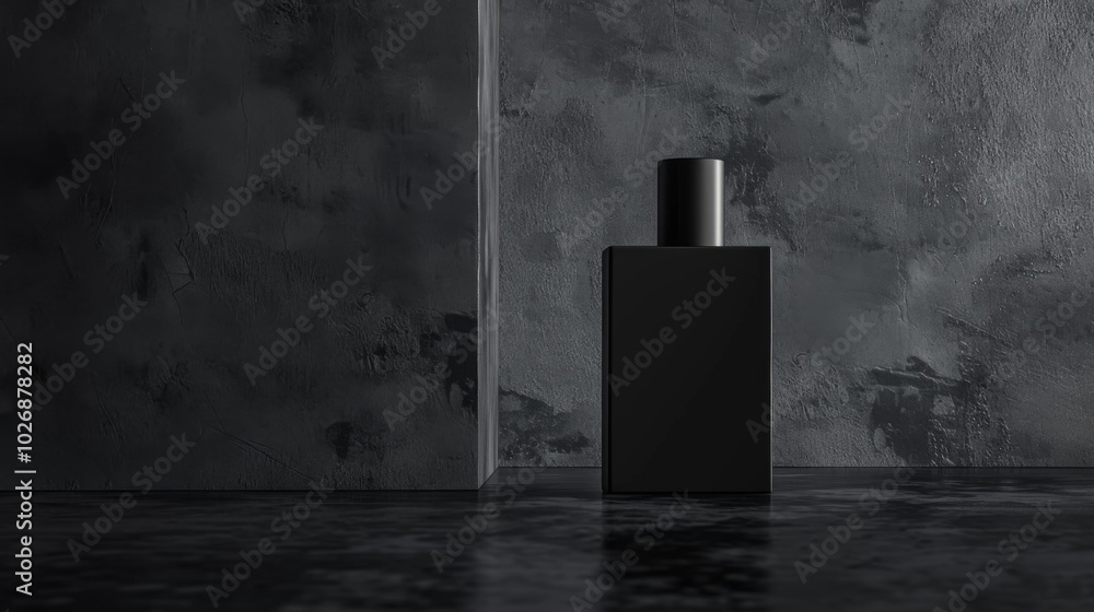 men's perfume bottle with a clean and austere design on a plain, matte black background. Mockup for design men's perfume bottle with a clean and austere design on a plain, matte black background. Mockup for design