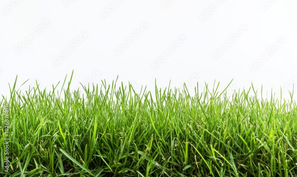 Fototapeta premium A wide strip of lush green grass, evenly trimmed and dense, stretching horizontally across the frame