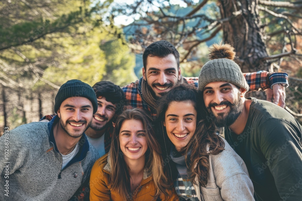 Group of friends having fun on a hike in the forest. Friendship concept. Group of friends having fun on a hike in the forest. Friendship concept.