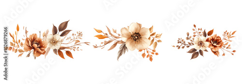 Watercolor brown roses floral borders clipart, isolated on transparent background, PNG