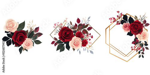 Set of cute watercolor floral wreaths isolated on a transparent background, PNG, with pastel peach-colored roses and green leaves. 