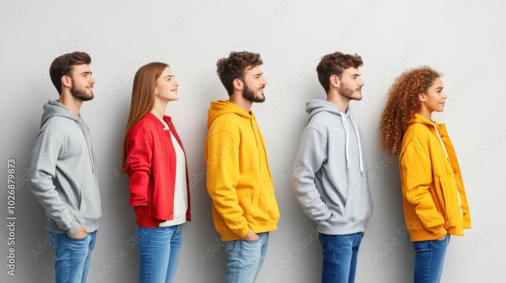 Youthful Fashion in Colorful Apparel Against Neutral Background Youthful Fashion in Colorful Apparel Against Neutral Background