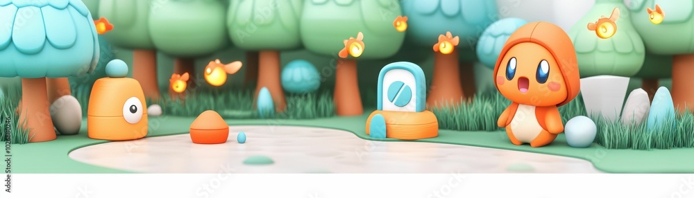 Obraz premium A charming orange forest creature standing near a pond in a whimsical forest setting, surrounded by glowing bees and fantasy elements..