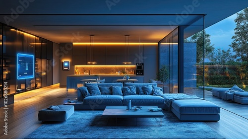 The interior of a modern AI-augmented reality smart home showcases components managed by an integrated system.