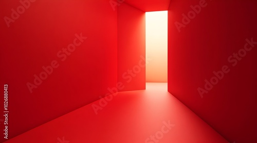 Vibrant Red Architectural Corridor with Minimalist Geometry and Dramatic Lighting