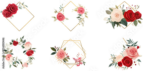 Wallpaper Mural Set of cute watercolor floral wreaths isolated on a transparent background, PNG, with pastel peach-colored roses and green leaves.  Torontodigital.ca