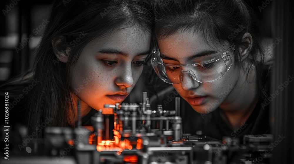 Two female college students assemble a machine in a robotics class, reflecting hands-on learning in engineering and technology education. Two female college students assemble a machine in a robotics class, reflecting hands-on learning in engineering and technology education.
