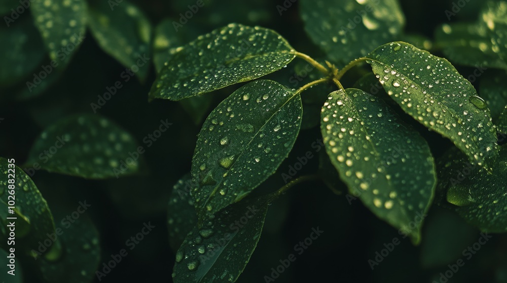 Lush Green Leaves with Dew Drops in the Rainforest