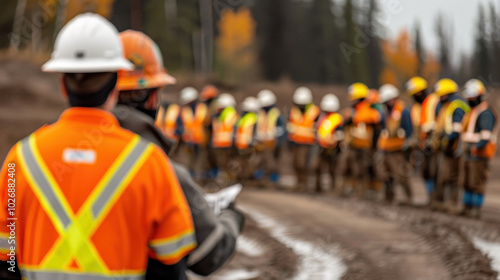 Safety officers lead toolbox talk with group of workers in safety gear, emphasizing importance of safety protocols in construction environment