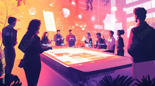 Diverse Group of People Gathered Around a Futuristic Display Table photo