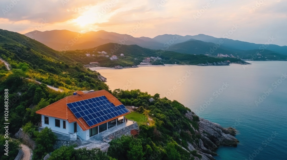 Fototapeta premium Scenic Solar Energy Installation by the Sea