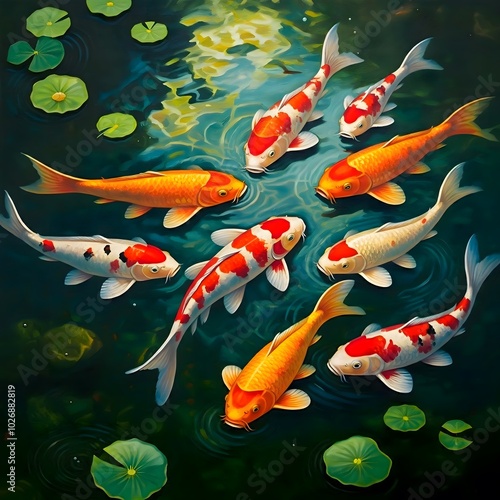 Vibrant Koi Fish Gathering in a Tranquil Pond Oasis