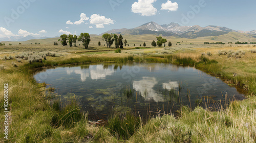 tranquil pond reflecting sky and mountains, surrounded by lush grass and trees, creates serene landscape. peaceful atmosphere invites contemplation and connection with nature