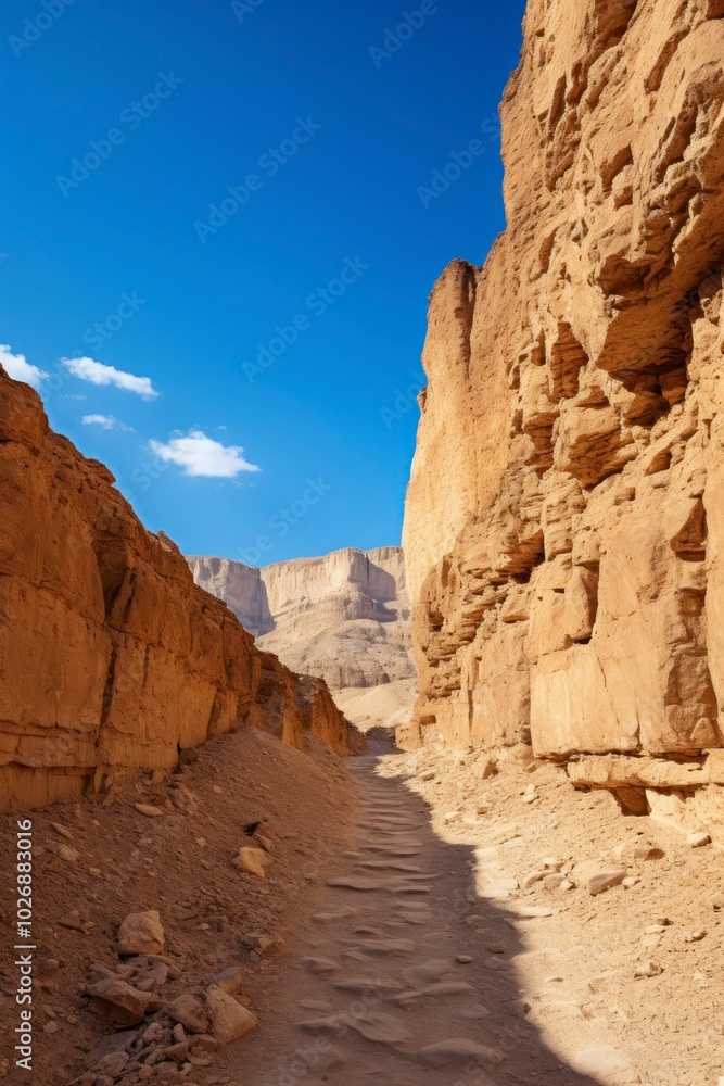 Fototapeta premium A dirt road winding between rocky cliffs in a desert landscape.