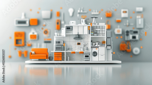 modern kitchen interior featuring stylish arrangement of appliances and furniture in vibrant orange and white color scheme. design showcases blend of functionality and aesthetics, creating cheerful