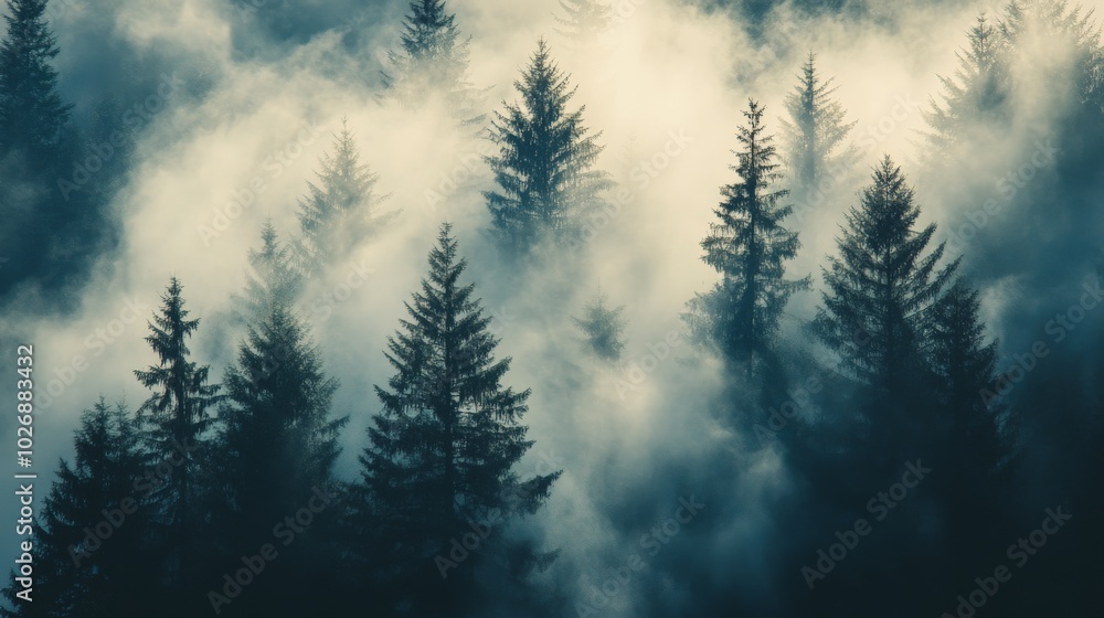 Misty Evergreen Forest Shrouded in Fog Misty Evergreen Forest Shrouded in Fog