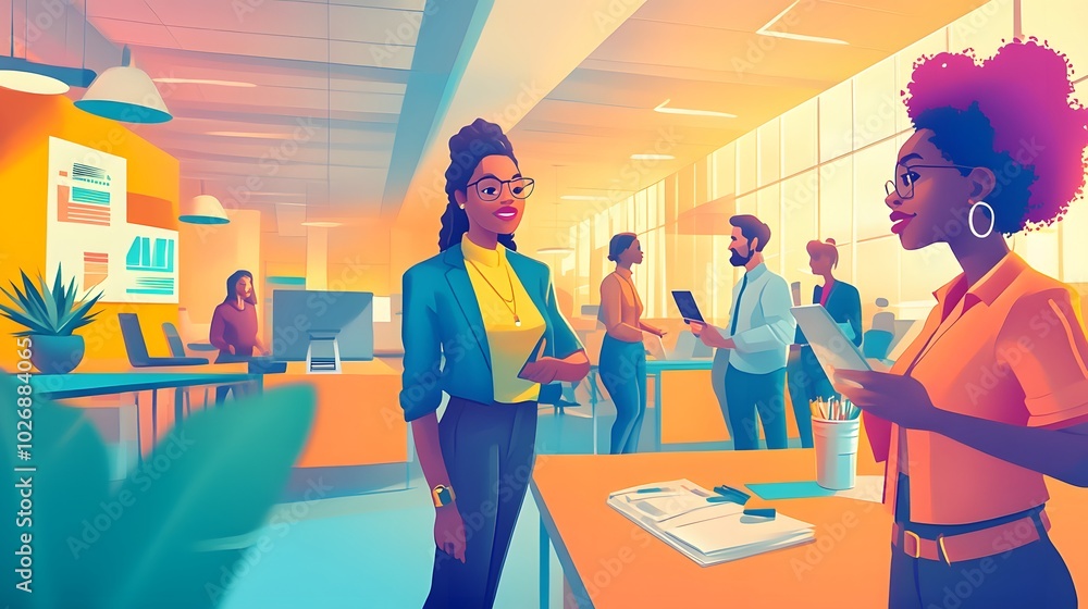 Two Women in a Modern Office Setting, Discussing Work Two Women in a Modern Office Setting, Discussing Work