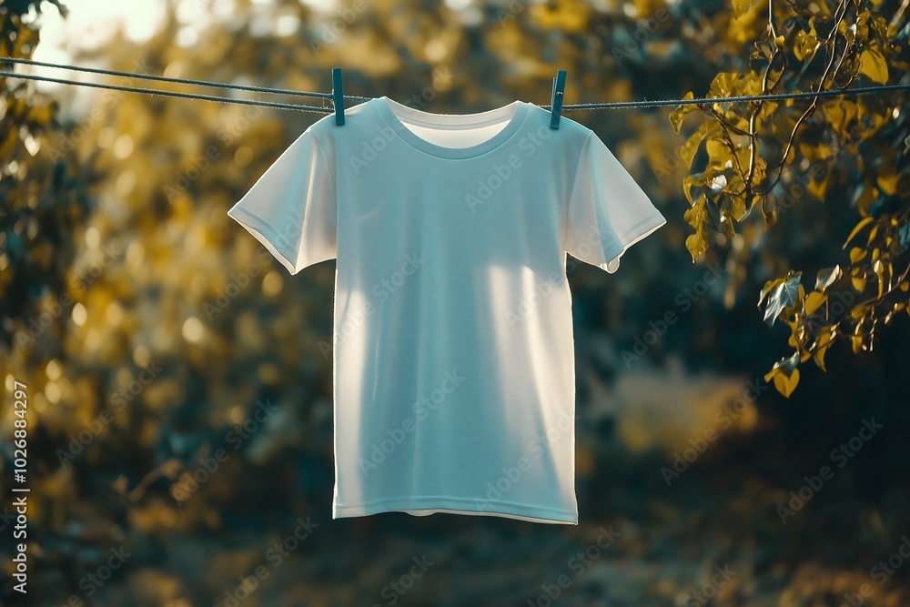 A T-Shirt displayed on a clothesline outdoors, gently swaying in the breeze, with trees in the background, t shirt mockup for design presentation, AI Generated A T-Shirt displayed on a clothesline outdoors, gently swaying in the breeze, with trees in the background, t shirt mockup for design presentation, AI Generated