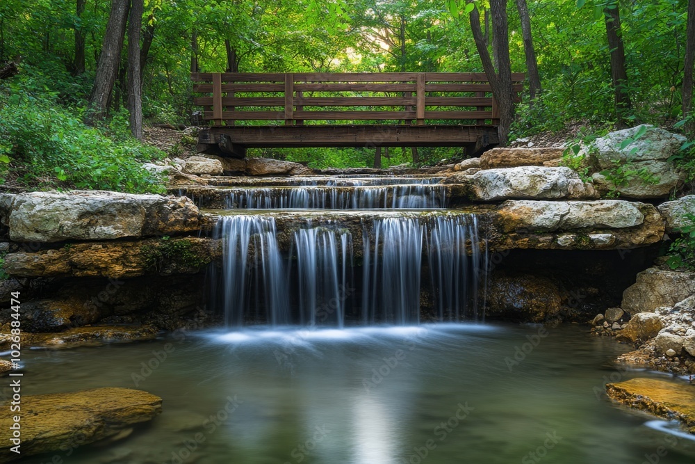 Tranquil Waterfall and Wooden Bridge in Lush Green Forest Tranquil Waterfall and Wooden Bridge in Lush Green Forest