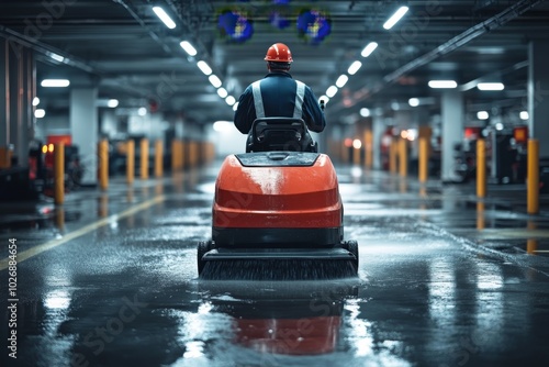 Worker Cleaning Wet Concrete Floor in Underground Parking Garage with Floor Cleaning Machi