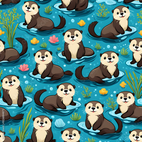 seamless pattern with sea otters