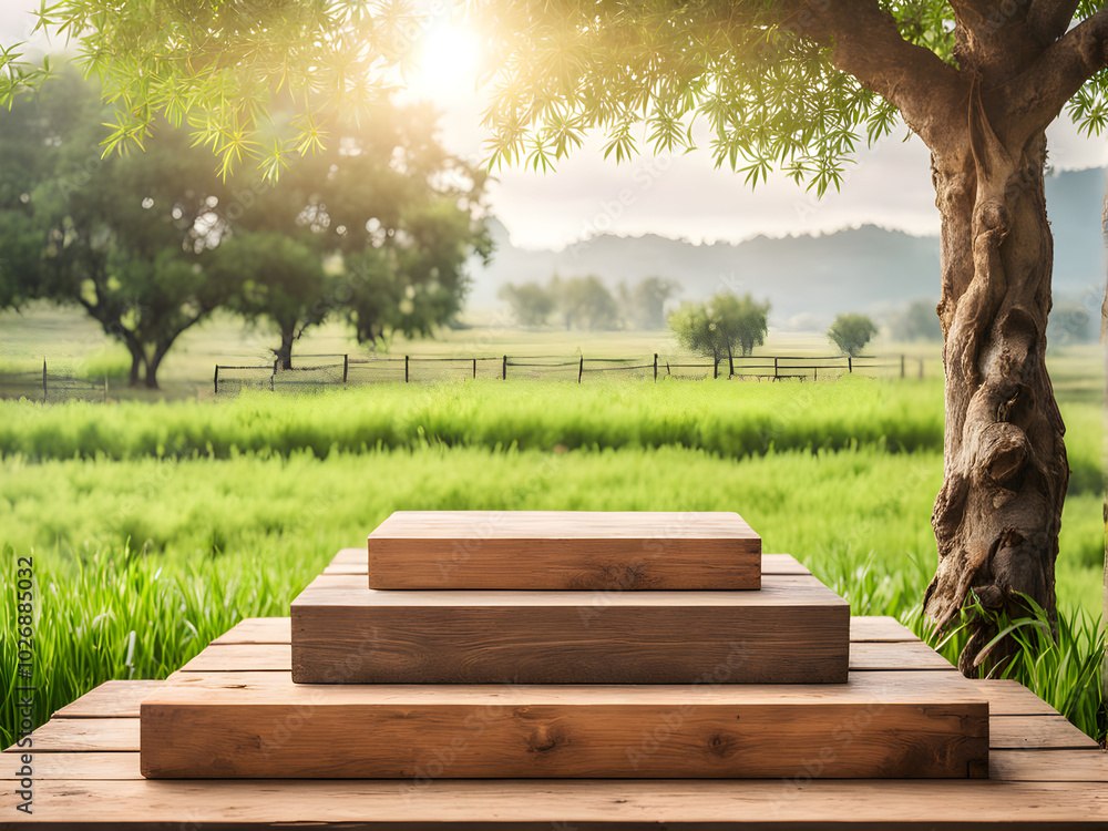 Tree Table wood Podium in farm display for food, perfume, and other products on nature background, Table in farm with grass, Sunlight at morning Tree Table wood Podium in farm display for food, perfume, and other products on nature background, Table in farm with grass, Sunlight at morning