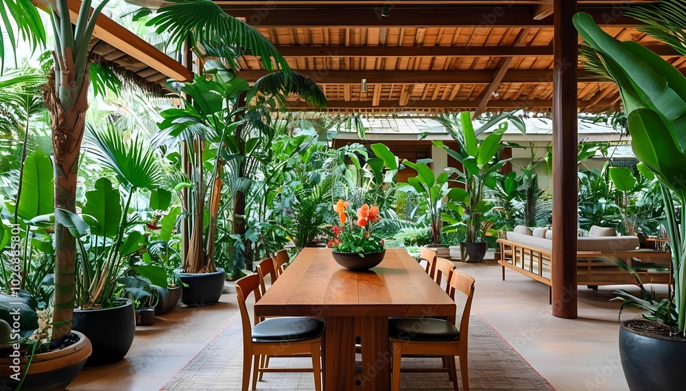 Fototapeta premium Tropical Indoor Dining Space Surrounded by Lush Greenery
